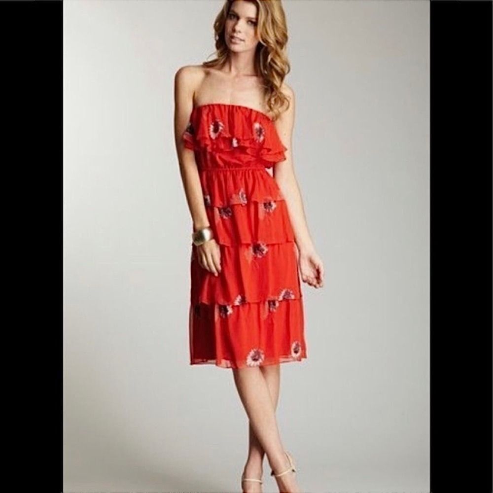 Rebecca Taylor Red Floral Silk Strapless Tiered Dress Size‎ 2